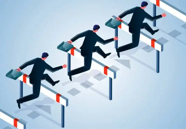 Vector illustration of Isometric businessman hurdling training to jump over obstacles, self-improvement, overcome obstacles, improve personal skills and qualities, enhance personal competitiveness