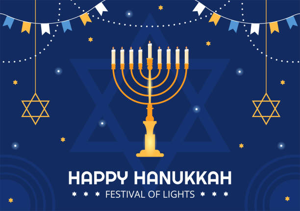 illustrazioni stock, clip art, cartoni animati e icone di tendenza di modello felice per festa ebraica di hanukkah illustrazione piatta del fumetto disegnata a mano con menorah, sufganiyot, dreidel e simboli tradizionali - menorah