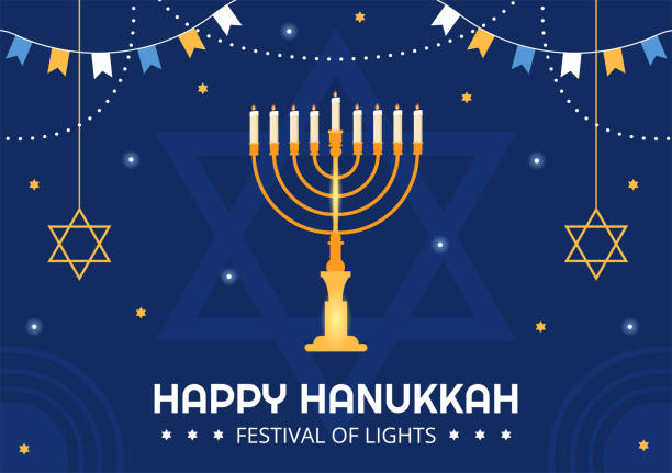 ilustrações, clipart, desenhos animados e ícones de feliz hanukkah modelo de férias judaica desenhado à mão desenho animado foto com menorah, sufganiyot, dreidel e símbolos tradicionais - holiday happiness menorah hanukkah
