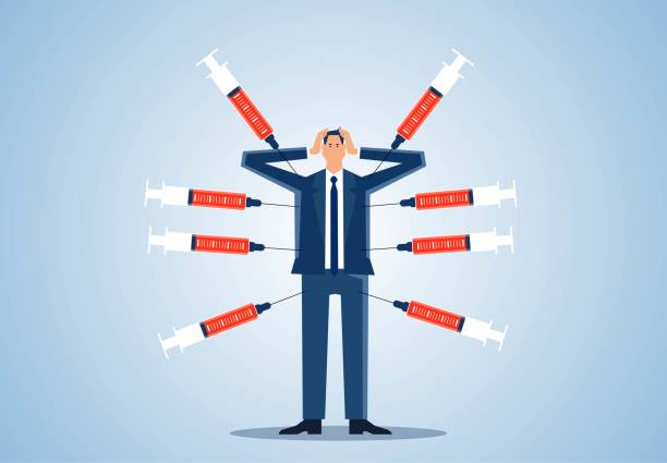 Vaccine or medical research and trial or injection treatment, businessman's body filled with syringe, drug injection and drug addiction Vaccine or medical research and trial or injection treatment, businessman's body filled with syringe, drug injection and drug addiction self harm stock illustrations