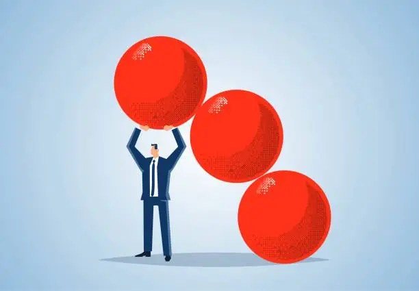 Vector illustration of Stacked round balls fall down and hit businessman, business financial market or investment returns fluctuate, instability and uncertainty, risk and crisis for investors