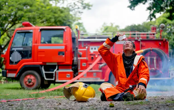 Photo of Firefighter sit in front of fire truck or fire engine and use water pour over his face look like he finish and succes to distinguish fire.