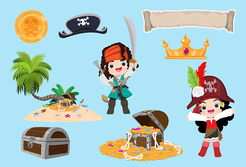 The pirate treasure island element has a treasure chest filled with gold coins, gems and pearls. Banner marine travel and adventure design. Cartoon retro style vector illustration