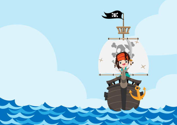 istock The pirate character wearing hat and standing in ship on the sea. 1420022289