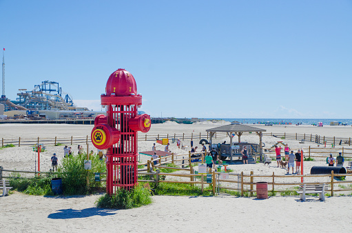 Huge dog park on Wildwood beach with a huge red fire hydrant