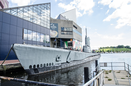 War ship outside Intrepid museum in New York city, USA
