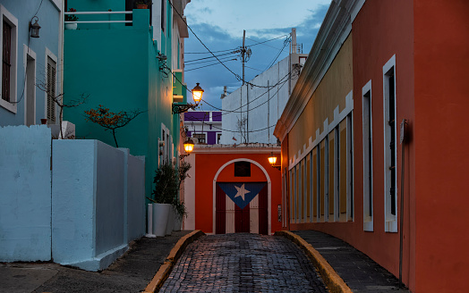 Street view of Colorful buildings at dusk, Old San Juan, Puerto Rico