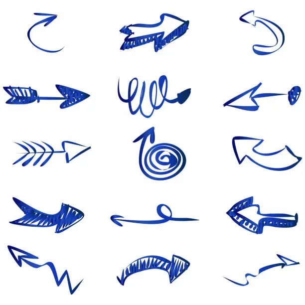 Vector illustration of Vector blue set of hand drawn doodle arrow symbol on white background illustration