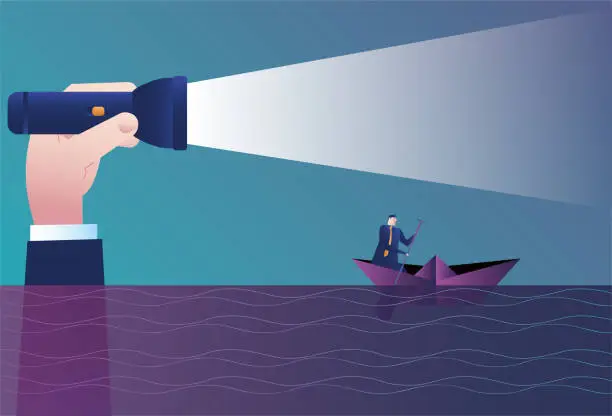 Vector illustration of Giant using flashlight to help business man rowing boat give directions