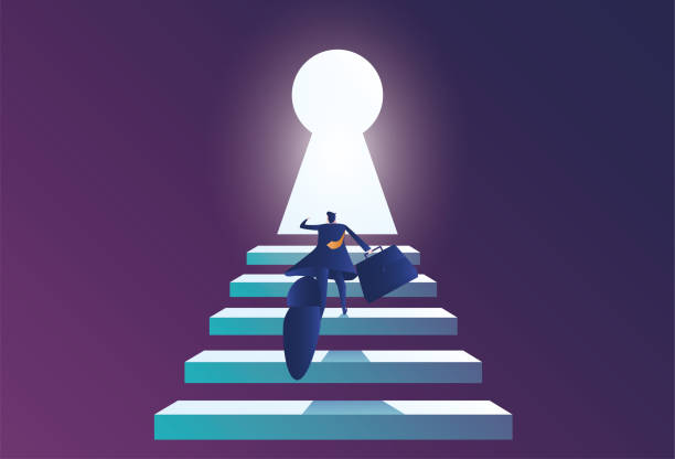 istock Business man climbing the steps and running towards the keyhole door 1420032183