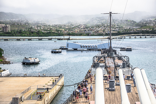 Pearl Harbor, USA - April 1st, 2022: View from USS Missouri Bridge. National historic sites at Pearl Harbor tell the story of the battle that plunged US into World War II.