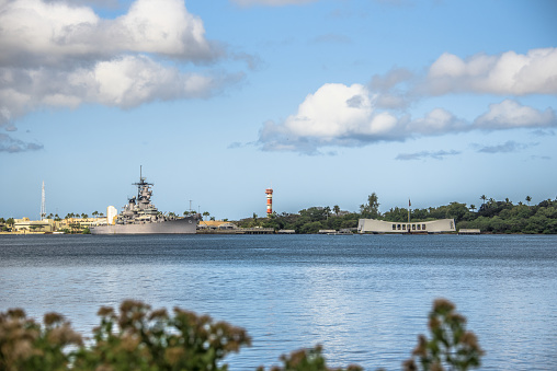 Pearl Harbor, USA - April 1st, 2022: Pearl Harbor wide angle view. National historic sites at Pearl Harbor tell the story of the battle that plunged US into World War II.