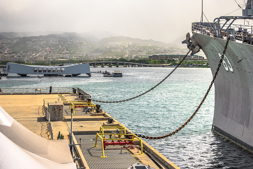 Pearl Harbor, USA - April 1st, 2022: USS Missouri at Pearl Harbor. National historic sites at Pearl Harbor tell the story of the battle that plunged US into World War II.