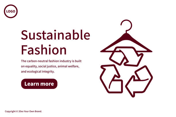 Sustainable fashion and Ethical Consumerism, a recycling symbol hanging on a hanger Vector Art Illustration. 
Slide or landing page layout.
Sustainable fashion and Ethical Consumerism, a recycling symbol hanging on a hanger. sustainable fashion stock illustrations