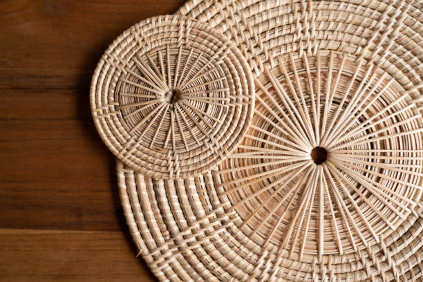 istock Close up to Round Circle woven straw mat Wicker pattern of local Thai handmade craft. 1420034090