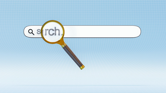 3D Magnifying Glass over a Search Bar Isolated on A Blue Grid Background, Search Concept with Clipping Path