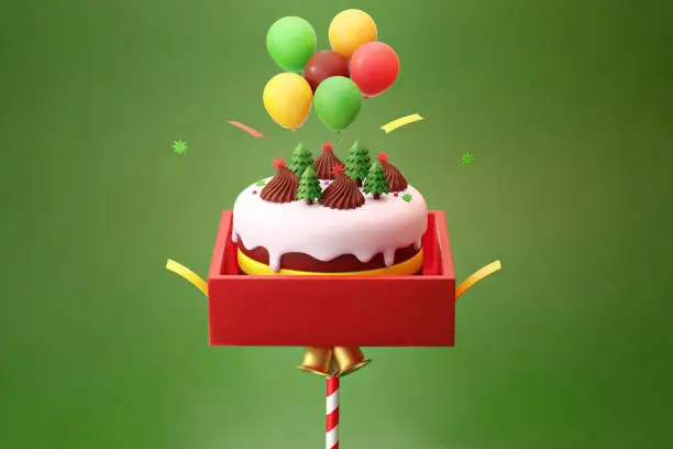 Christmas chocolate cake pop with white icing and colorful balloon on the red gift box 3d illustration