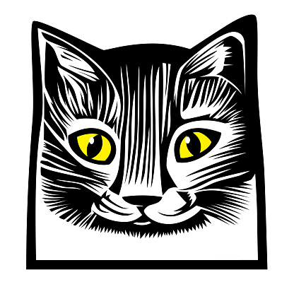 Vector illustration of cat face in woodcut style against a white background.