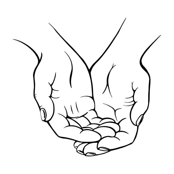 Human hands folded sketch hand drawn vector Sketch of human palms folded together. Isolated on white background. Vector. hands cupped stock illustrations