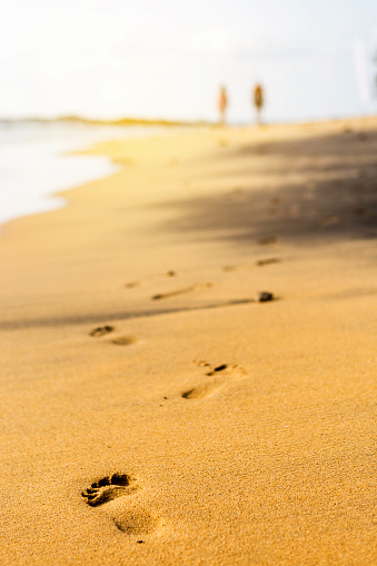 Footprint on sandy beach with vintage warm light, verticale style, walk together by the sea