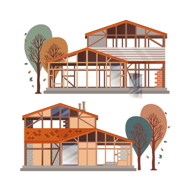 недостроенный дом с деревянным каркасом и слоистыми кирпичными стенами и деревом во дворе векторный набор - detached house house cottage home interior stock illustrations