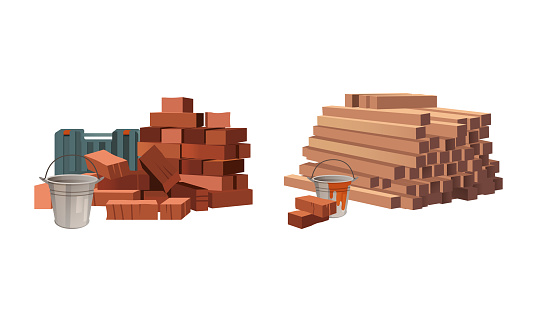 Construction Site Materials with Pile of Bricks, Wooden Bars and Bucket Vector Set. Supplies for Building Industrial Work