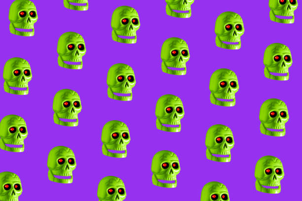 Neon green skull on a violet background, pattern, Halloween concept