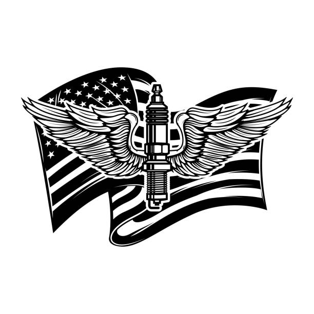 istock Illustration of winged spark plug on american flag background. Design element for poster, card, banner, sign, emblem. Vector illustration 1420052954