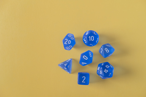 Gaming dice with 4, 6, 8, 9, 10, 12, and 20 sides.