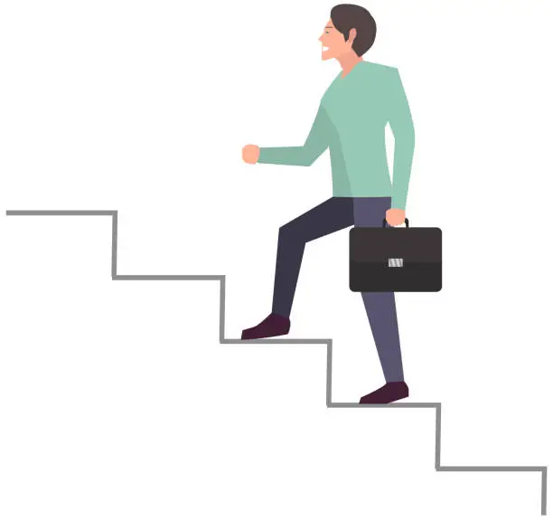 Vector illustration of Businessman with suitcase climbing stairs of success. Business competition, leadership concept