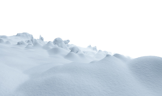 Snowcapped white hills on white background (cut out).