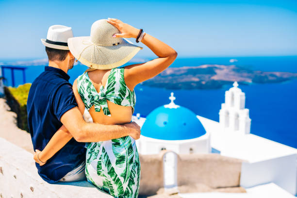 istock Happy young couple on Santorini island, Greece 1420059052