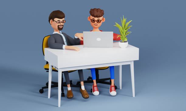 istock Cartoon businessmen, freelancers work at a table in a modern office on a laptop. Workplace concept. 3d illustration 1420059857
