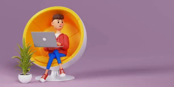 Photo of The concept of distance work, study and communication in comfortable conditions at home. Cartoon character sits is resting in a chair and watching a video on a laptop. 3d illustration.