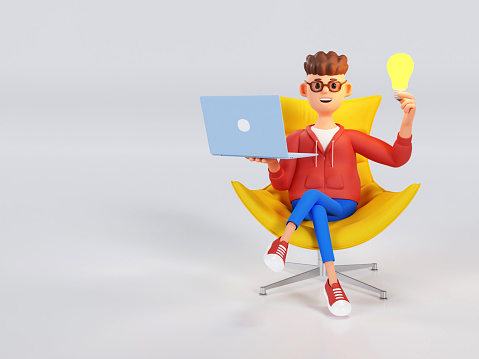 Idea and innovation technology concept. Cartoon character, a man sits on an armchair looking at a laptop in search of ideas. 3d illustration.