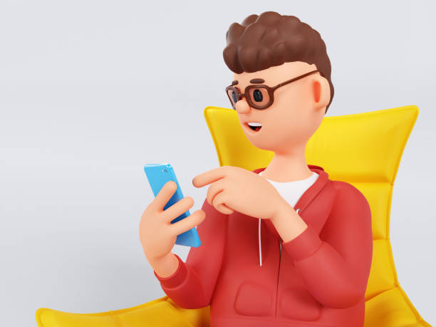 Cartoon character man sitting on a chair with a phone in his hands. 3d illustration. stock photo