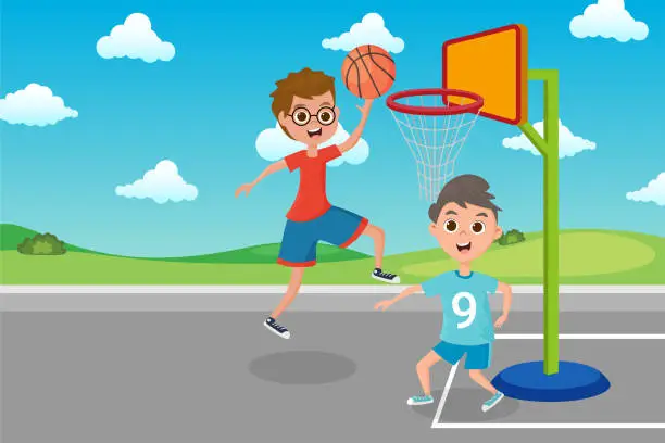 Vector illustration of Kids playing basketbal