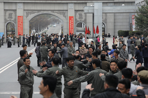 April 13, 2019. Pyongyang, North Korea. \nNorth Korea's founding leader Kim Il-Sung's birthday (Day of the Sun), there are mass dance performances in different parts of Pyongyang.