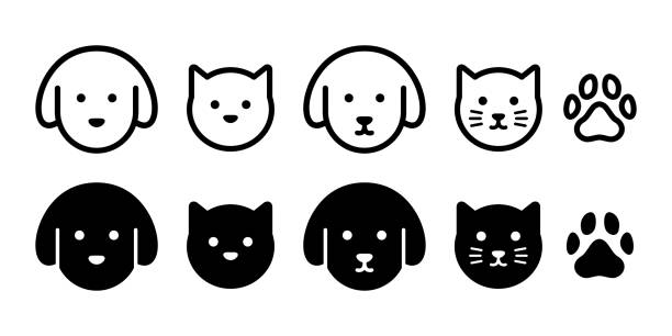 bildbanksillustrationer, clip art samt tecknat material och ikoner med cat, dog and paws simple vector icon illustration material black and white set - djurhuvud