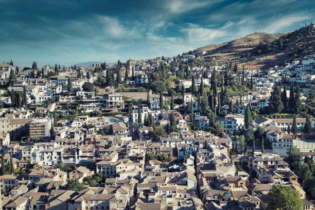 Granada, Spain - August 21, 2022. Panoramic view of the historic Arabic quarter of Albacin in Granada.