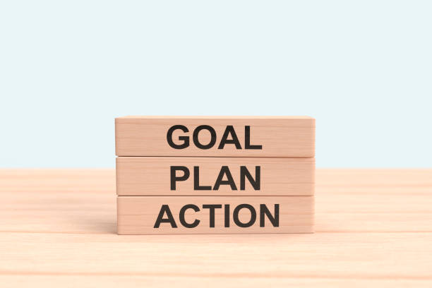 business strategy and planning. goal, plan and action concept with wooden blocks. - block puzzle organization solution imagens e fotografias de stock