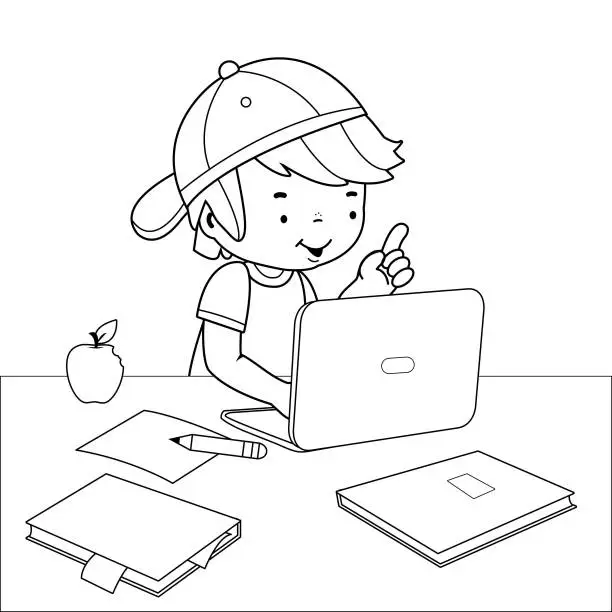 Vector illustration of Boy doing his homework on the computer. Vector black and white coloring page