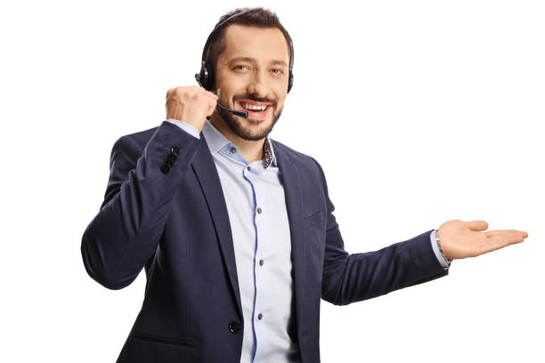istock Professional man with a headset and hands free microphone showing with hand 1420069760