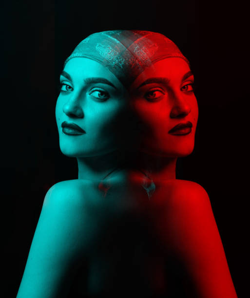 istock Woman with scarf on her studio portrait in RGB color split effect style 1420069941