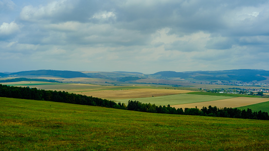 Rural landscape of cultivated fields in Slovakia from the mountain near Slovak Paradise Nature Park.