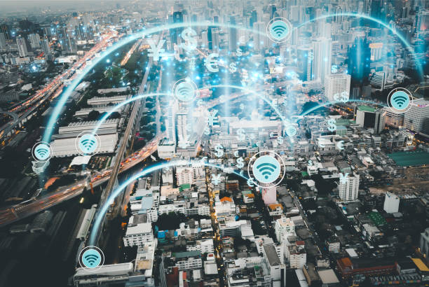 istock Network above city, wireless mobile internet technology for smart grid or 5G LTE data connection, concept about IoT, global business 1420070208