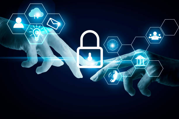 istock Business and fingerprint scanning unlock and access to business data network with virtual screen interfaces. cyber security concwpt 1420070256