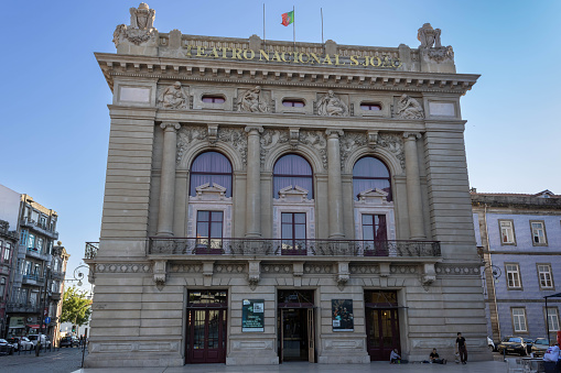 Porto, Portugal - July 6, 2022:  The São João Theatre (Portuguese: Teatro São João), commonly referred to as the São João National Theatre is a Portuguese theatre and concert venue in civil parish of Cedofeita, Santo Ildefonso, Sé, Miragaia, São Nicolau e Vitória, in the municipality of Porto.