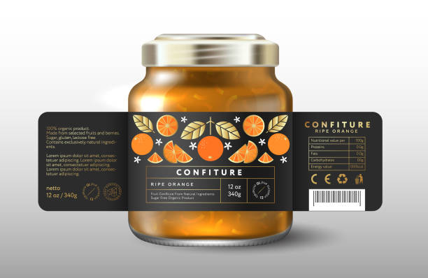 Ripe orange confiture. Sweet food. Black label with whole orange, slices, cut fruits and gold leaves. Mock up of Glass Jar with Label. Mockup of glass jars for confiture or jam, sweet, preserved food. Label, packaging for organic products, health nutrition. nutrition label stock illustrations