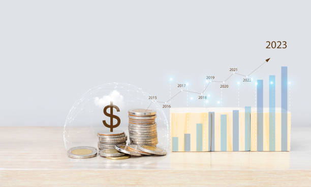 Arrow Symbol, Finance, Business, Growth, Stock Market and Exchange, Graph, Online Shopping financiación empresarial y ahorro de inversión de dinero. ahorro de pila de monedas y plan de inversión de paso de bloque de cubo de madera crecimiento del negocio en el concepto del año 2023. el empresario planifica y aumenta los indicadores positivos